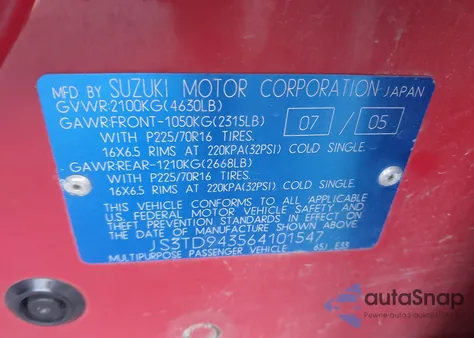 2006 Suzuki Grand Vitara Premium из США, поврежденный, VIN JS3TD943564101547